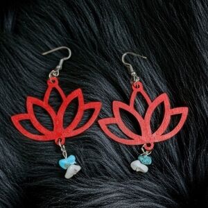 Red Lotus Drop Earrings with Turquoise Accent